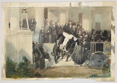 De kist van koning Louis Philippe verlaat Claremont House in Esher, Surrey, Engeland in augustus 1850 door Eugene Louis Lami
