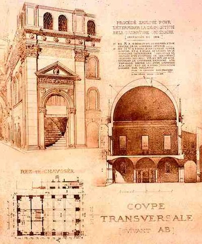 Plan, doorsnede en elevatie van de Loggia, of Palazzo del Commune, Brescia, Italië, uit 