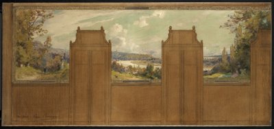 Schets voor het stadhuis van Bagneux (?): landschap van Joinville naar Nogent, circa 1907 door Eugene Bourgeois