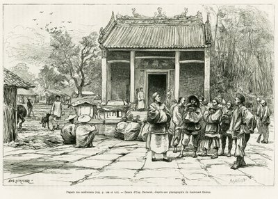 Conferentie Pagode, Monkay. Gravure door Eugene Burnand, ter illustratie van het verhaal Sur les frontières du Tonkin, door dokter P. Neiss, in le tour du monde 1888, geregisseerd door Edouard Charton, Hachette, Parijs. door Eugene Burnand