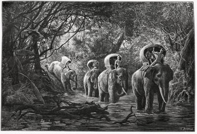 Op weg naar het bos, de expeditie reist op de rug van een olifant. Gravure door Eugene Burnand, ter illustratie van het verhaal "Reis in Boven-Laos", in 1880, door Dr. P.Neis. Gepubliceerd in Le Tour du monde, nouveau journal des voyages, 2e semester 18 door Eugene Burnand