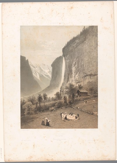 Picknick met zicht op de Staubbachwaterval door Eugene Ciceri