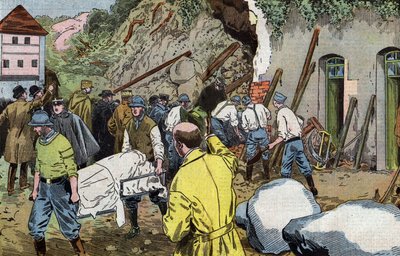 Lichaam van Amerikaanse generaal Dunlop dood omdat hij mevrouw Briant redde onder instorting van bijgebouwen van kasteel Fariniere (Frankrijk) tekening door Damblans uit Frans papier "Le Pelerin" 7 juni door Eugene Damblans