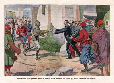Gebeurtenissen in Marokko, overgenomen van Marrakech door de troepen van Hubert (Louis-Hubert-Gonzalve) Lyautey (1854-1934) en Charles Mangin (1866-1925). Commandant Simon, na te zijn gevlucht voor de pretendent El-Hiba (El Hiba) (Ahmed al-Hiba (Al Hiba),  door Eugene Damblans