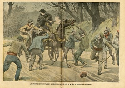 Illustratie door Eugene Damblans (1865-1945) in Le Pelerin, 31/01/04 - Landbouwstakers vallen de beheerder van een eigendom van M. Sere de Riviere aan - Sociaal, Diverse feiten, Staking, Transport, Landbouw, Bos, Koets - Arbeider, Paard door Eugene Damblans