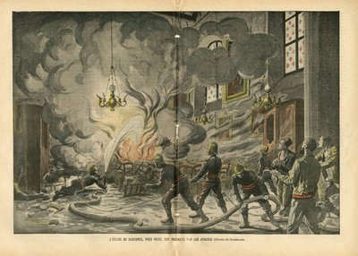 Illustratie van Eugene Damblans (1865-1945) in Le Pelerin, 26/06/04 - De kerk van Suresnes, nabij Parijs, wordt verbrand door de Apachen - Diverse feiten, Religie Geloof, Onveiligheid, Kathedraal Kerken, Brand, Suresnes, Katholiek Katholicisme - Apachen door Eugene Damblans
