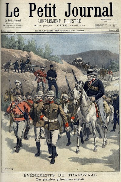Zuid-Afrika - Boerenoorlog. Gebeurtenissen in Transvaal. Eerste Engelse gevangenen gevangen door de Boeren. Tekening van Damblans. 