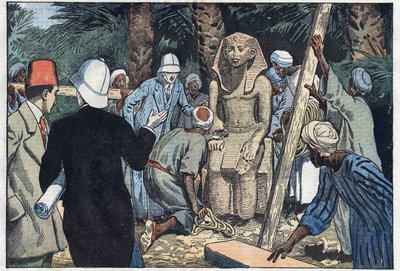 De Franse archeologische missie ontdekt een standbeeld van Sesostris III als tiener dat naar het Louvre zal worden gebracht. Medamoud, oud Thebe, Egypte. Illustratie van Damblans. In 