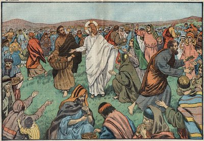 De vermenigvuldiging van broden: aan de oevers van het Meer van Tiberias, Jezus Christus (Jezus Christus) verzadigde de bevolking door vijf gerstebroden en twee vissen te vermenigvuldigen. Illustratie van Damblans. In "Le Pèlerin" van 18 maart door Eugene Damblans
