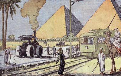 Uitzicht op de piramides van Gizeh in Egypte, illustratie uit "Le Pelerin" door Eugene Damblans
