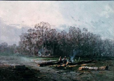 Mistig landschap met houthakkers door Eugene Deshayes