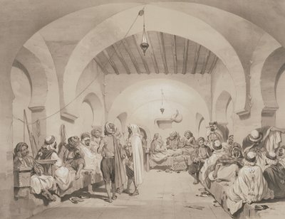 Cafe du Divan, Algiers, uit een volume ter herdenking van het Franse expeditieleger dat Algiers in 1830 veroverde, gegraveerd door Adolphe Jean-Baptiste Bayot door Eugene Flandin