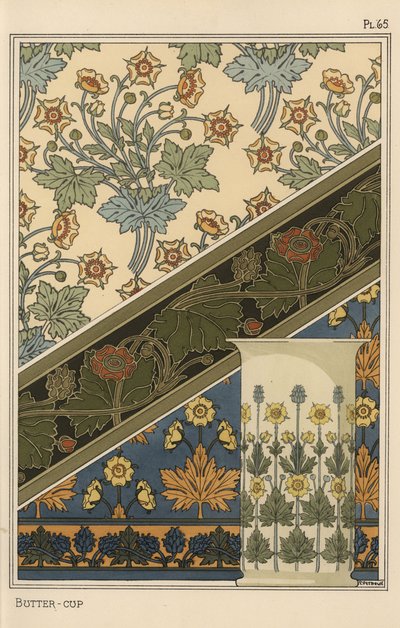 Boterbloem in art nouveau patronen voor behang en een vaas door Eugene Grasset