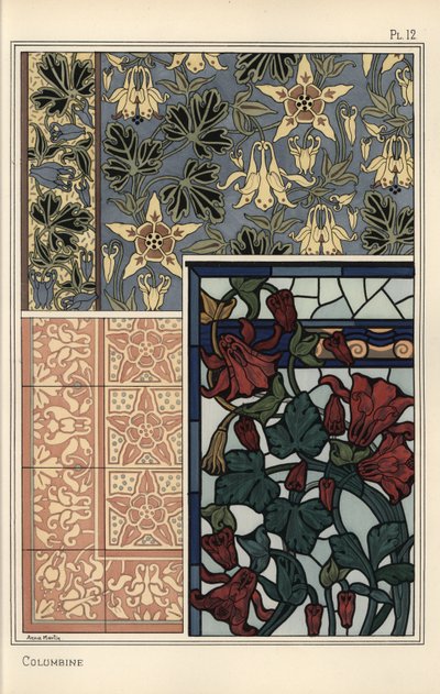 Akelei, Aquilegia vulgaris, bloem in patronen voor behang, glas-in-lood en tegels door Eugene Grasset
