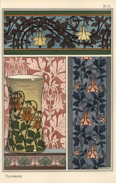 Akelei bloem, Aquilegia vulgaris, in patronen voor behang, stof en vaas door Eugene Grasset