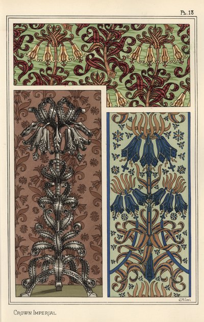 Keizerskroon bloem, Fritillaria imperialis, in behang en stofpatronen, en als ontwerp voor een stalen kunstobject door Eugene Grasset