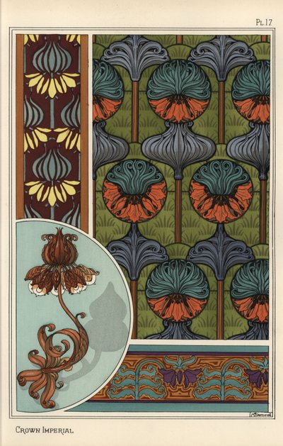 Keizerskroon, Fritillaria imperialis, in behang- en stofpatronen, en als ontwerp voor een smeedijzeren lamp door Eugene Grasset