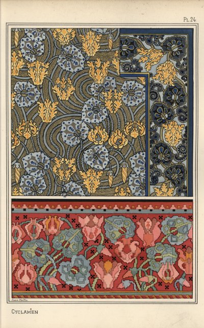 Cyclamen persicum plant als motief in ontwerpen voor wandtapijt, stof en behang. Lithografie door Anna Martin door Eugene Grasset