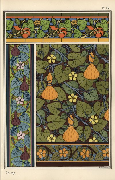 Kalebas in behang, glas-in-lood en stofpatronen door Eugene Grasset
