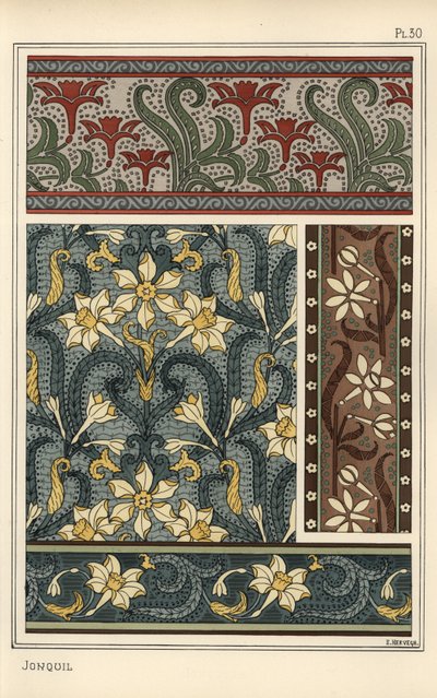 Narcis, Narcissus jonquilla, als ontwerp motief in behang en stofpatronen door Eugene Grasset