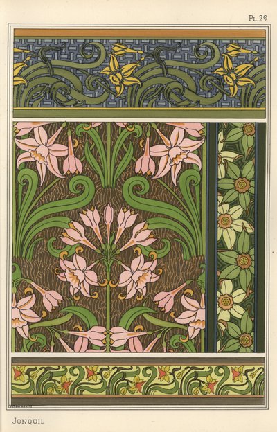 Narcis, Narcissus jonquilla, als ontwerp motief in behang en stofpatronen door Eugene Grasset