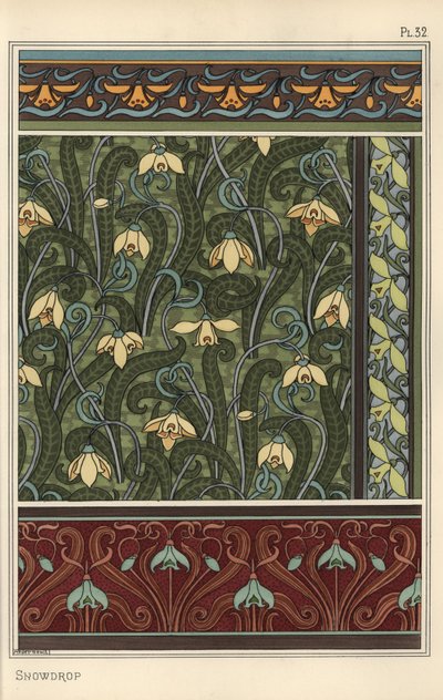 Sneeuwklokje, Galanthus nivalis, als ontwerp motief in behang, randen en stoffen door Eugene Grasset