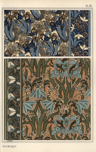 Sneeuwklokje, Galanthus nivalis, als ontwerp motief in behang, randen en stoffen door Eugene Grasset