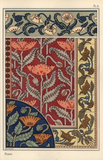 De papaver, Papaver somniferum, in glas-in-lood, behang, stof en tegelpatronen. Lithografie door Marc Mangin door Eugene Grasset