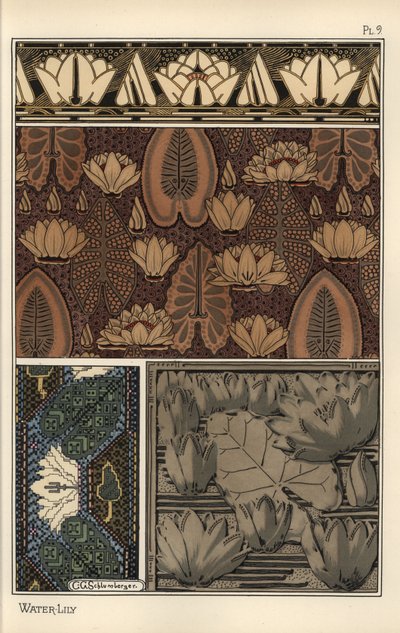 De waterlelie, Nelumbo lutea, in stof, kruissteek tapisserie en reliëfvorm patronen. Lithografie door C. G. Schlumberger door Eugene Grasset