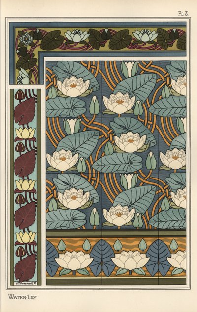 De waterlelie, Nelumbo lutea, in behang- en tegelpatronen door Eugene Grasset