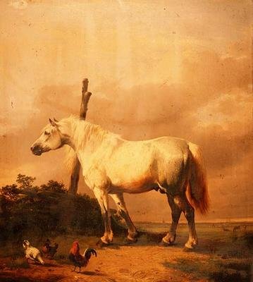 Een trekpaard met gevogelte in een uitgestrekt landschap door Eugene Joseph Verboeckhoven
