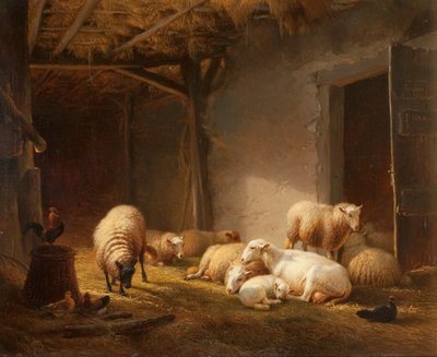 Een Zonovergoten Schuur met Ooien, Lammeren en Kippen door Eugene Joseph Verboeckhoven