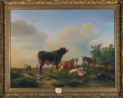 Een Stier, een Koe, een Ezel, een Geit, Schapen en Pluimvee in een Uitgestrekt Landschap door Eugene Joseph Verboeckhoven