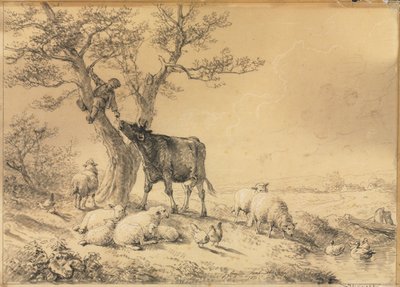 Landschap met Dieren en Jongen in Boom door Eugene Joseph Verboeckhoven