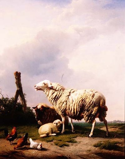 Schapen en pluimvee in een landschap door Eugene Joseph Verboeckhoven