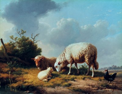 Schapen en pluimvee in een landschap, 19e eeuw door Eugene Joseph Verboeckhoven