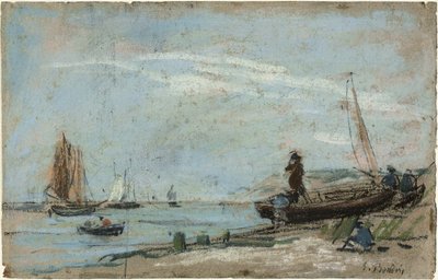 Strand met vissersboten (recto); Landschap met boer die een veld ploegt (verso) door Eugene Louis Boudin