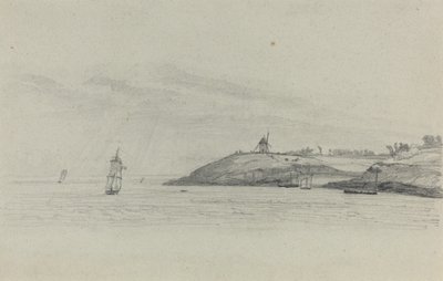Kustlandschap met Schepen, Windmolen in de Verte door Eugene Louis Boudin