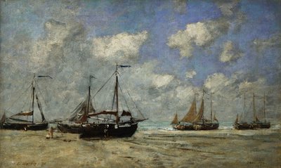 Scheveningen, Boten Gestrand op de Kust; Scheveningen, Bateaux Echoues sur la Greve, 1875 door Eugene Louis Boudin