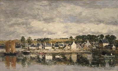 Dorp bij een rivier door Eugene Louis Boudin