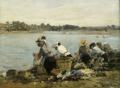 Wasvrouwen bij la Torque; Les Lavandieres a la Touque door Eugene Louis Boudin