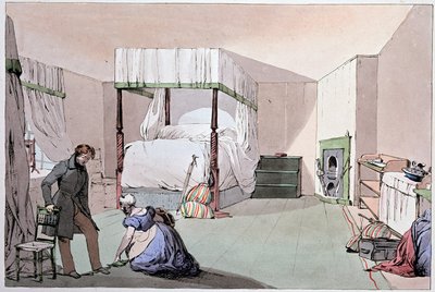 Herberg: een bediende helpt een klant schoenen aan te trekken. Illustratie door Eugene Louis Lami (1800-1890), midden 19e eeuw door Eugene Louis Lami