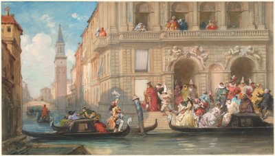 Maskerdragers die Gondels Instappen voor een Venetiaans Palazzo door Eugene Louis Lami