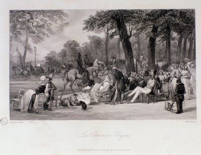 Passagiers en wandelaars op de Champs Elysees in Parijs. Gravure door Eugene Louis Lami (1800-1890) 1841 Privécollectie door Eugene Louis Lami