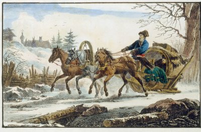 Het paardenslee met schuilplaats voor reizigers (Troika Kibitka). door Eugéne Pluchart