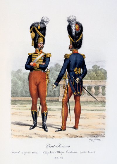 Cent-Suisses, Korporaal grote tenue, Adjudant-Majoor Luitenant kleine tenue door Eugene Titeux