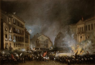 Episode van de Revolutie van 1854 in Puerta del Sol in Madrid door Eugenio Lucas Velázquez