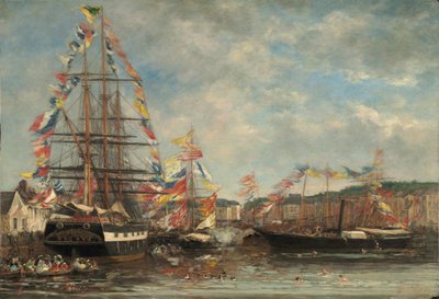 Festival in de haven van Honfleur door Eugène Boudin