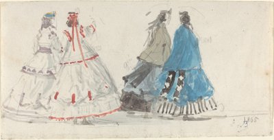 Vier Dames in Crinolines Wandelen in Trouville door Eugène Boudin
