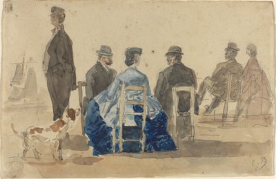 Dames en heren zittend op het strand met een hond door Eugène Boudin